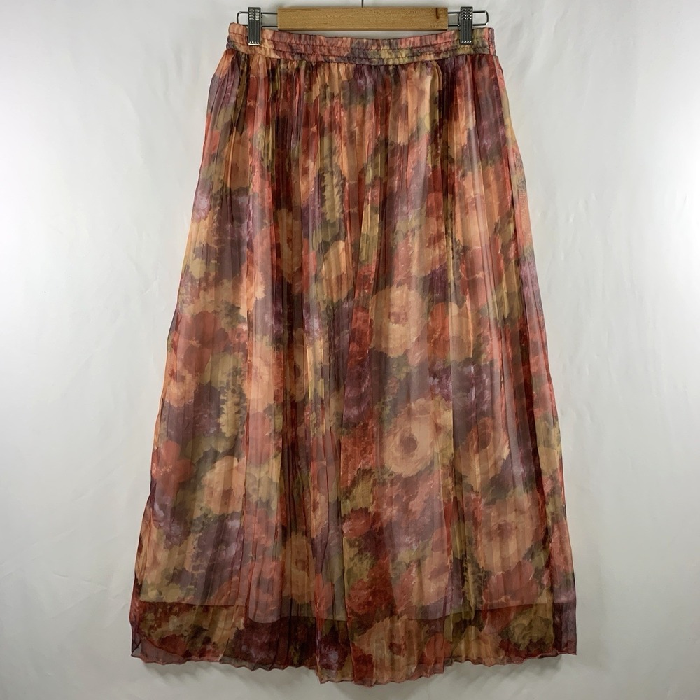 VTG 90s Watercolor Floral Pleated Midi Skirt Medium Romantic French Garden USA